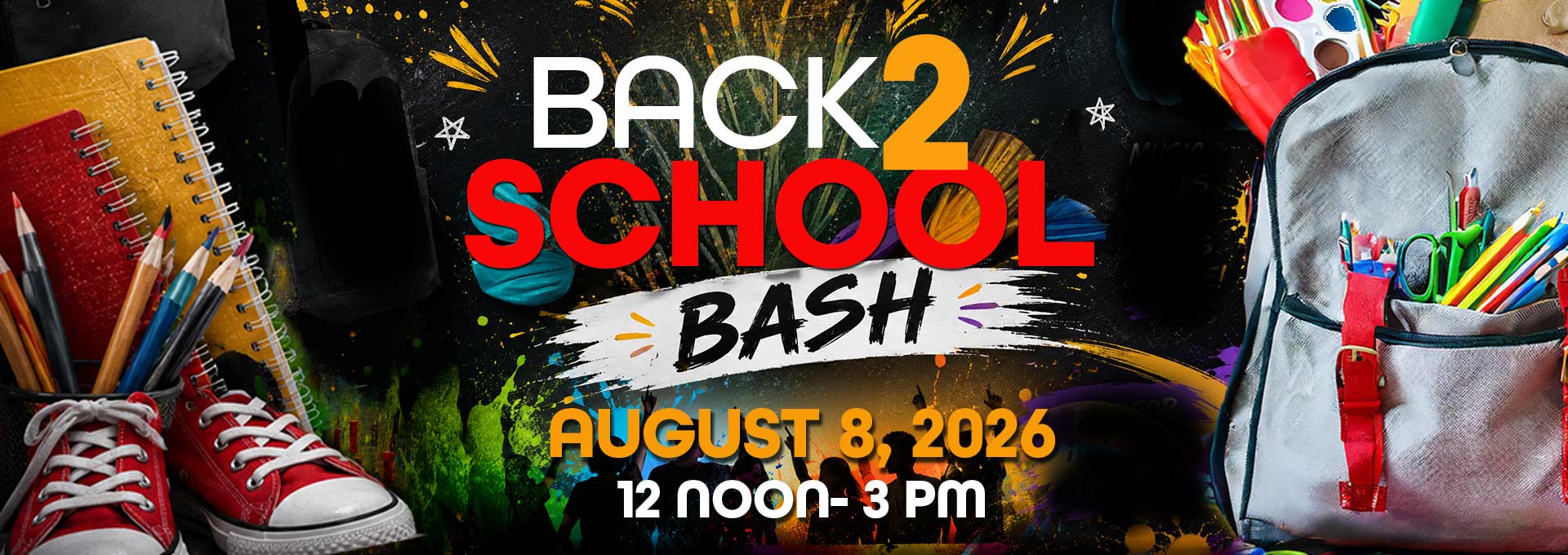 colorful Back to School bash banner wiith book bags and school supplies. The back to school event is august 8th from noon to 3pm
