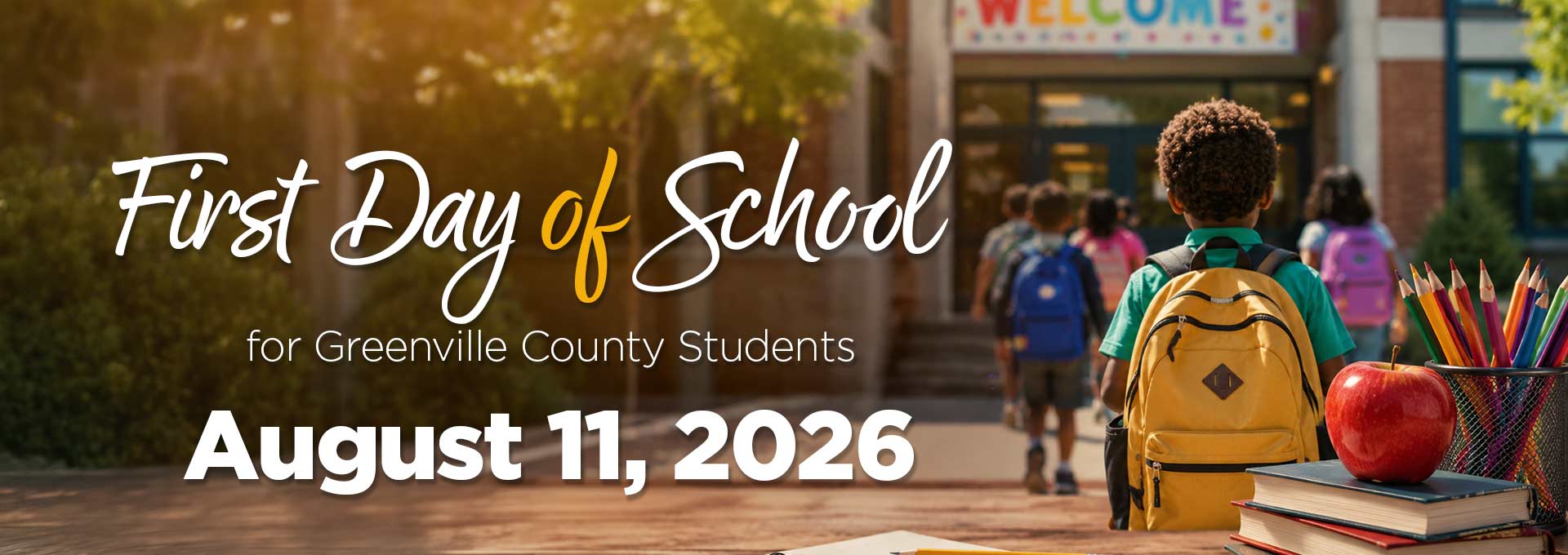 an image of students walking in to school to announce the firist day of school foir greenville county on august 11th