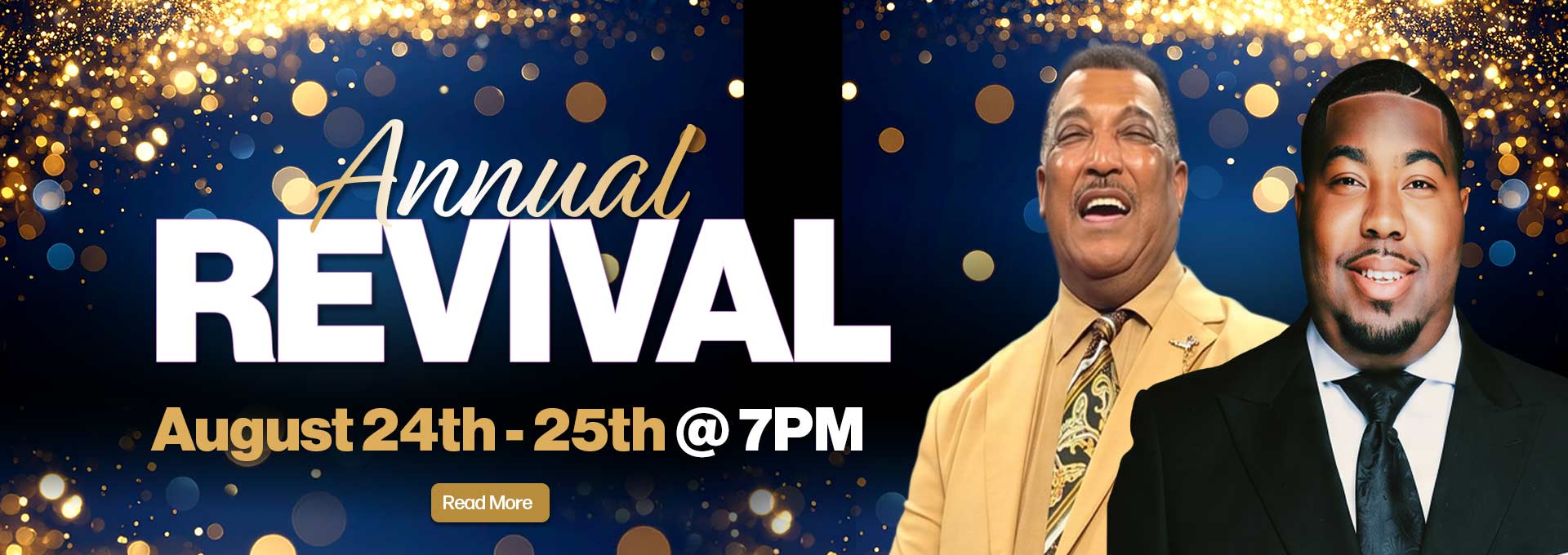 Annual Revival banner with photos of the guest speakers. Click for details