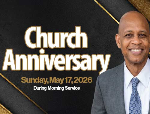 black and gold background with the words church anniversary on May 17