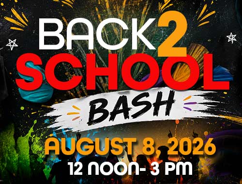colorful Back to School bash banner wiith book bags and school supplies. The back to school event is august 8th from noon to 3pm