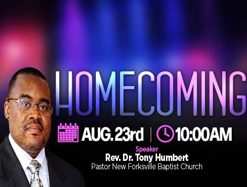 homecoming advertisement for august 23rd with a photo of speaker Rev. Dr. Tony Humbert