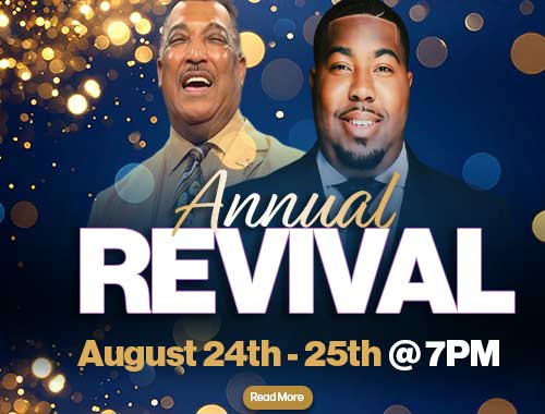 Annual Revival banner with photos of the guest speakers. Click for details